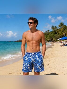 Men's Blue & White Tropical Leaf Hybrid Shorts~~Swim Trunks~~Lined~~🌴☀️